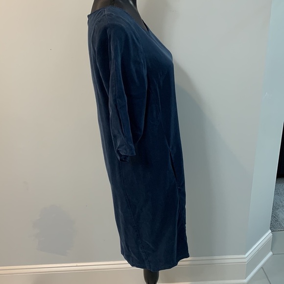 Yerse Navy Blue Lyocell Short Sleeve Knee Length Shift Dress Pockets Women Small - Picture 3 of 8